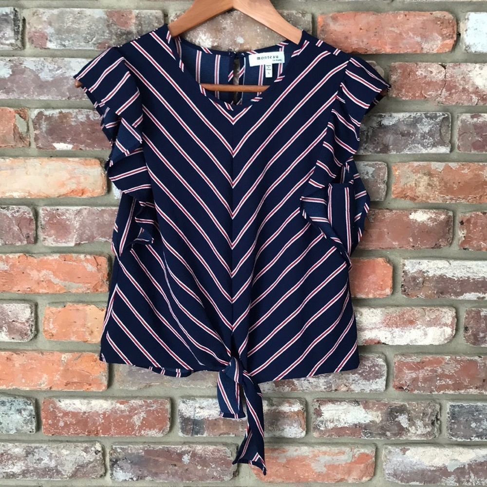 Monteau Small Red White Blue Striped Front Tie Short Flutter Sleeve Blouse Top